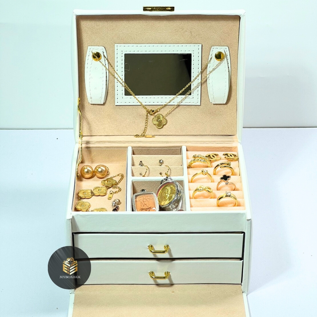 กล่องหนังหูหิ้วจัดเก็บเครื่องประดับ 3ชั้น สีขาว